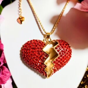 Gold Heart Pendant Necklace with Red Crystal Broken-Heart Charm